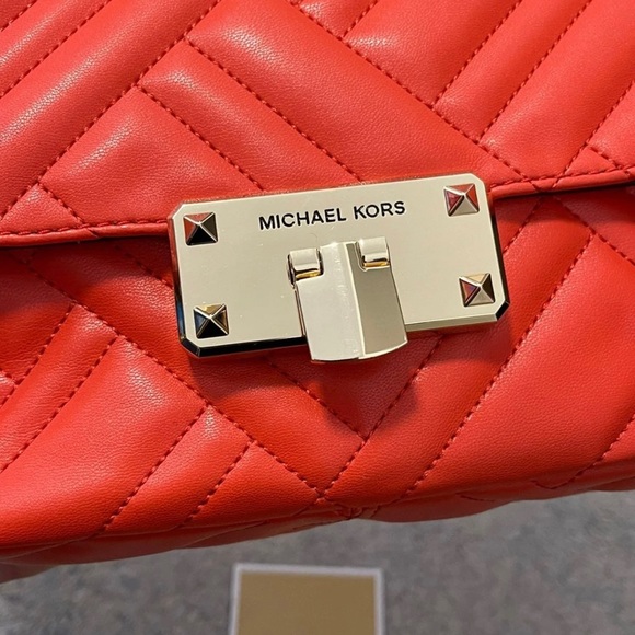 NWT Michael Kors Peyton Medium Quilted Flap Chainlink Shoulder Bag In Mandarin - Picture 7 of 13